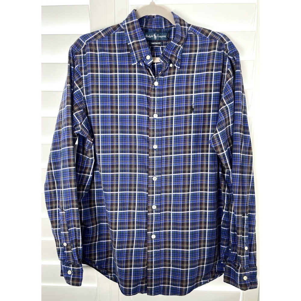 VINTAGE Ralph Lauren Custom Fit Shirt Adult Large Blue‎ Tartan Plaid 100% Cotton